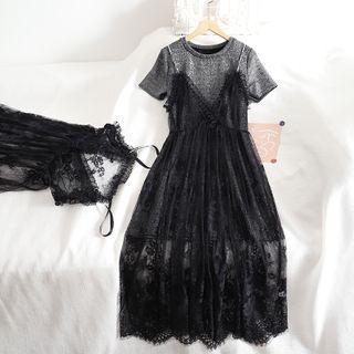 Set: Plain Short-sleeve T-shirt + Lace Strappy Midi Dress
