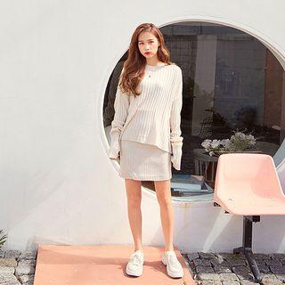 Set: Drop-shoulder Rib-knit Top + Knit Skirt