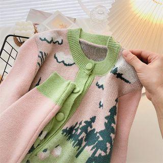 Long-sleeve Color Block Cardigan Pink - One Size