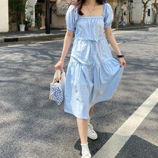 Balloon-sleeve Shirred A-line Dress As Shown In Figure - One Size