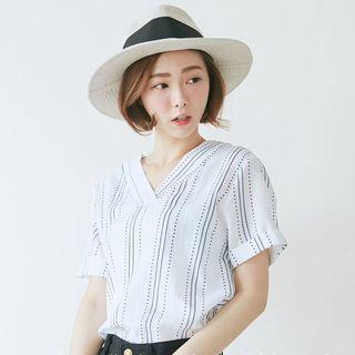 Striped Short-sleeve V-neck Blouse