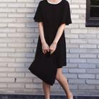 Elbow-sleeve Contrast Trim A-line T-shirt Dress Black - One Size