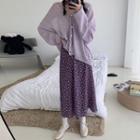 Faux Pearl Buttoned Cardigan / Floral A-line Midi Skirt