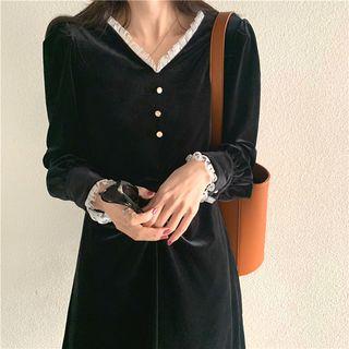 Lace Velvet V-neck Long-sleeve Dress Black - One Size
