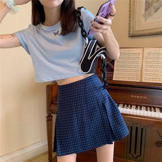 Butterfly Embroidered Short-sleeve Cropped T-shirt / Plaid Mini A-line Skirt