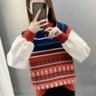 Mock Two-piece Long-sleeve Color Block Printed Knit Sweater