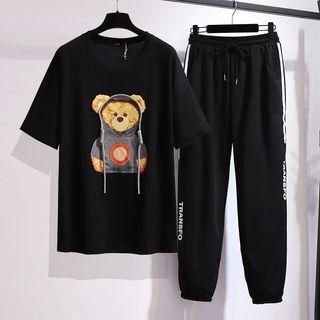Short Sleeve Bear Print T-shirt / Drawstring Waist Lettering Sweatpants