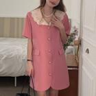 Short-sleeve Lace Collar A-line Dress Pink - One Size