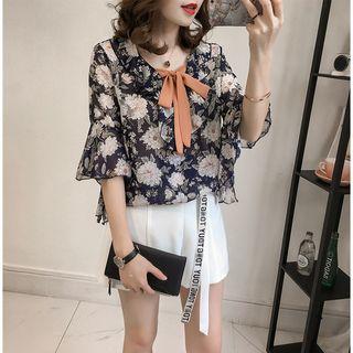 3/4-sleeve Floral Chiffon Ribbon Top