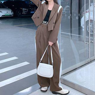 Set: Two-tone Double-breasted Blazer + High Waist Wide Leg Pants