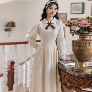 Set: Long-sleeve Collared Button-up Midi A-line Dress + Bowtie