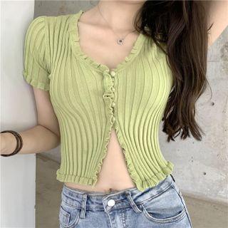 V-neck Ruffled Plain Knit Cardigan