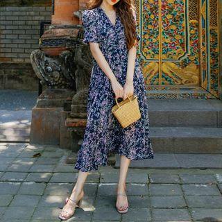 Flower Print Short-sleeve Midi Shift Dress Dark Blue - One Size