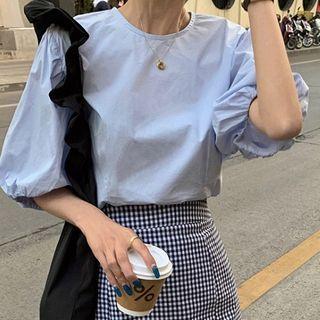 Puff-sleeve Round Neck Plain Loose Fit Blouse
