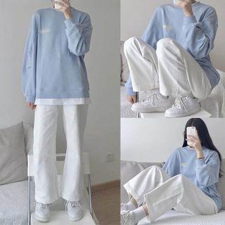 Set: Letter Print Mock Neck T-shirt + Wide-leg Pants
