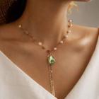 Rhinestone Droplet Faux Pearl Y Necklace 1pc - Gold & Green - One Size