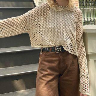 Long-sleeve Perforated Knit Hooded Crop Top