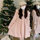Long-sleeve Wide-collar Mini A-line Dress Pink - One Size