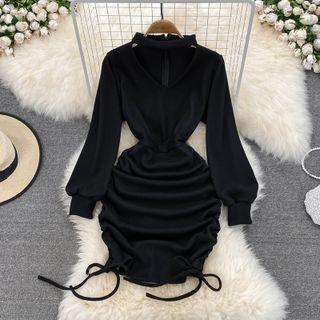 Long Sleeve Halter Ruched Sheath Dress