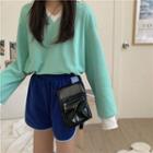 Long-sleeve Open Collar Contrast Trim T-shirt / Sweatshorts