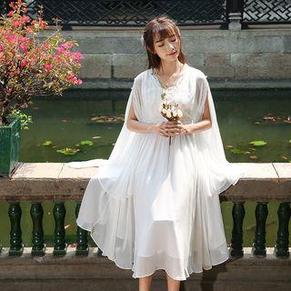 Long-sleeve Midi A-line Dress White - Xl