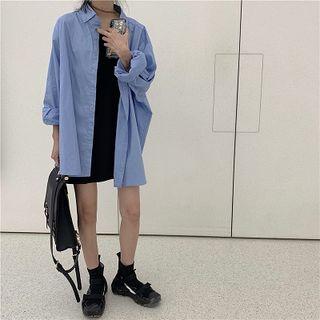 Long-sleeve Plain Shirt / Spaghetti Strap Mini Dress