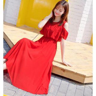 Shoulder Cut Out Short-sleeve Midi Chiffon Dress