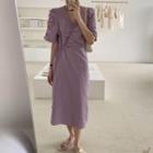Shirred-sleeve Midi A-line Dress Purple - One Size