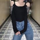 Long-sleeve Cutaway-shoulder Rhinestone Top Black - One Size