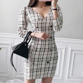 Plaid Long-sleeve V-neck Mini Sheath Dress