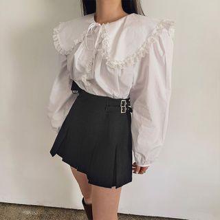 Wide-collar Lace-trim Beribboned Blouse