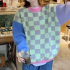 Color Block Checkerboard Sweater Blue Sleeve - Gray & Green - One Size