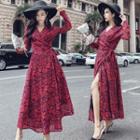 Pattern Print V-neck Tie-waist Slit Maxi Dress