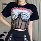 Mock Two-piece Short-sleeve Graphic Print Chained Mesh Panel Crop Top