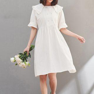 Elbow-sleeve Frill Trim Wide Collar Dress