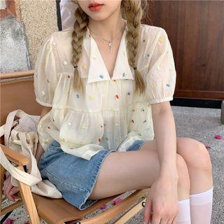 Short-sleeve Cherry Embroidered Blouse Beige - One Size