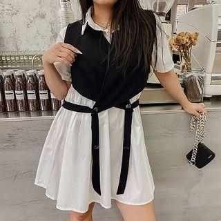 Set: Short-sleeve A-line Mini Shirtdress + Irregular Vest