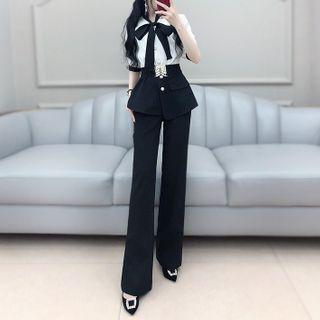 Set: Contrast Color Short-sleeve Tie-neck Blouse + Plain Straight-cut Pants