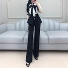 Set: Contrast Color Short-sleeve Tie-neck Blouse + Plain Straight-cut Pants