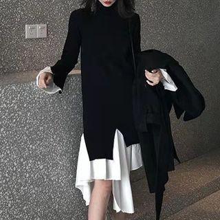 Long-sleeve Two-tone Asymmetrical Knit Dress