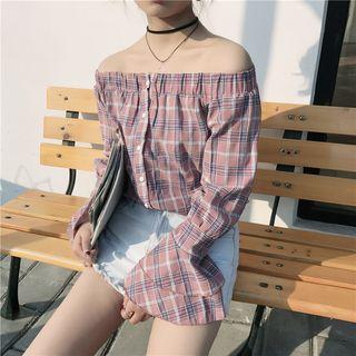 Off-shoulder Plaid Long-sleeve Blouse