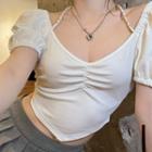 Short-sleeve V-neck Asymmetrical Hem Halter Cropped Top