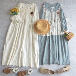 Long-sleeve Peter Pan-collar Embroidered Floral Panel Lace Dress