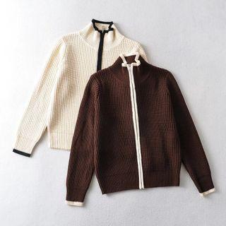 Mock-neck Contrast Trim Zip-up Cardigan