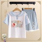 Elbow-sleeve Cat Print T-shirt / Wide Leg Shorts / Set
