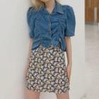 Short-sleeve Drawstring Denim Top / Floral Mini Skirt