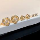 Set Of 6 : Faux Pearl Rhinestone Flower Earring (assorted Designs) Set Of 6 - Silver Needle - Gold - One Size