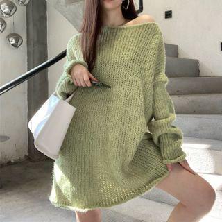 Oversized Off-shoulder Slit Long-sleeve Knit Top