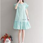 Short-sleeve Plaid Embroidered A-line Dress
