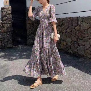 Bell-sleeve Flower Print Maxi A-line Dress